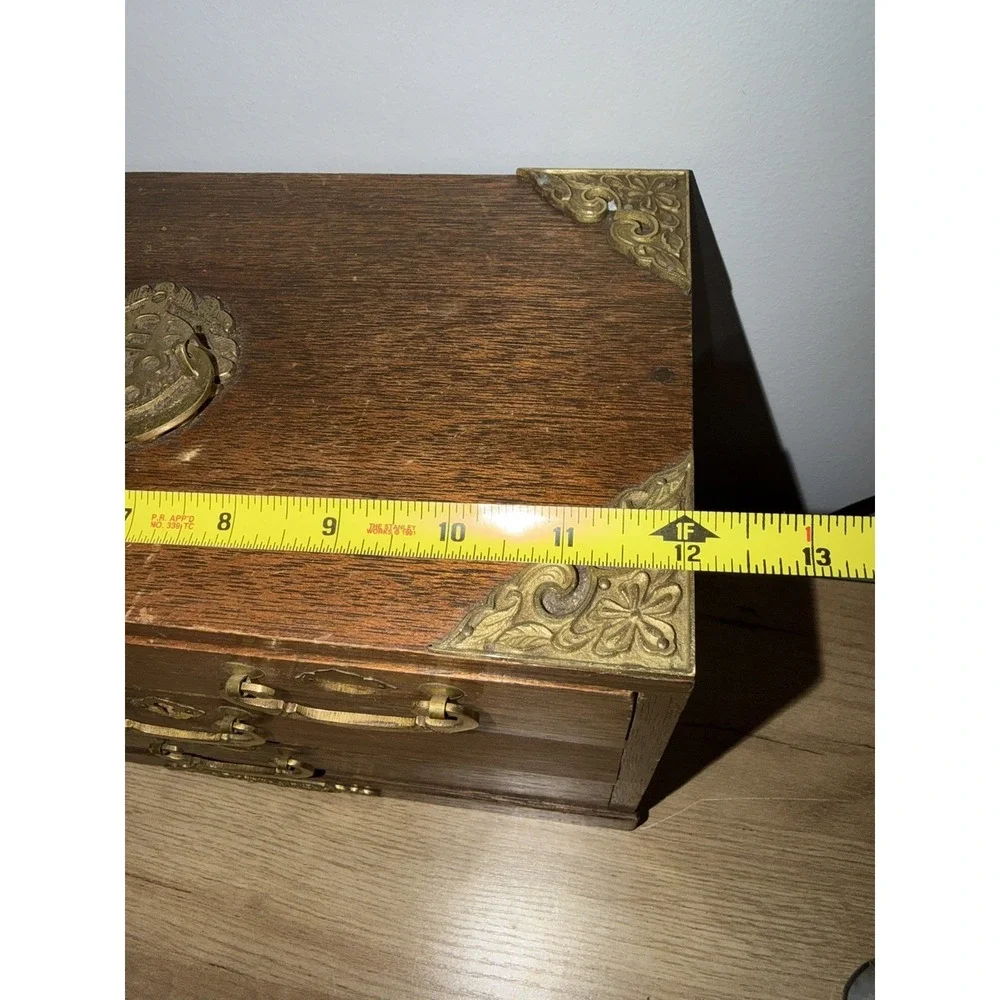 Vintage Brass Japan Tone Ornate Handles & Wood Jewelry Box Case Drawers